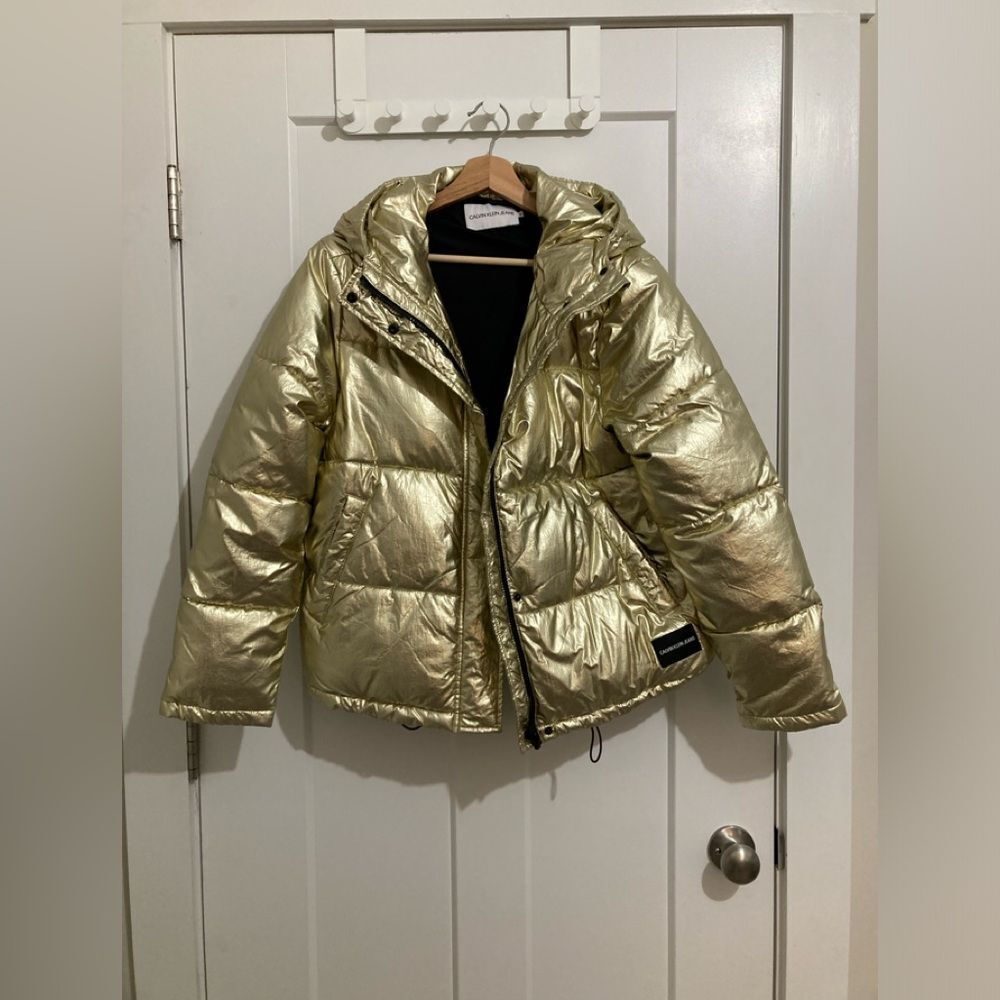Calvin Klein Gold Hooded Puffer Coat size Small - Picture 2 of 16